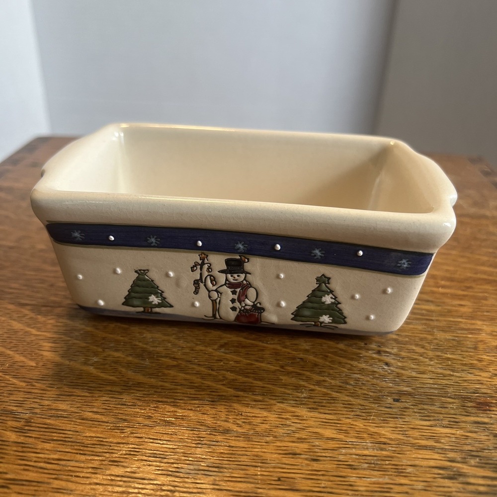 Today's Living Vintage Christmas Snowman Ceramic Mini Loaf Pan Tan Blue Holiday
